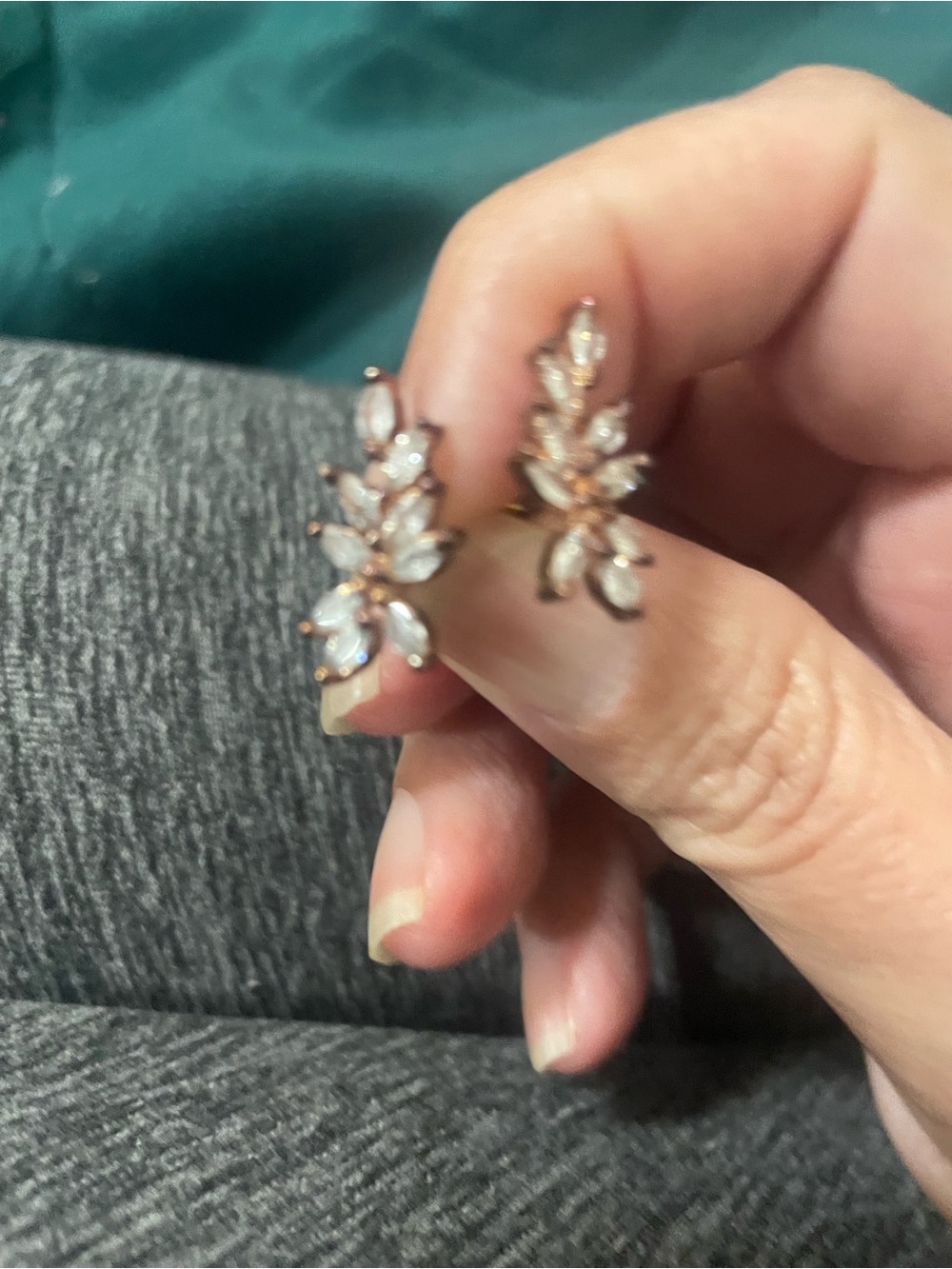 Brass Leaf Cluster Stud Earrings -  Clear Crystal Accents